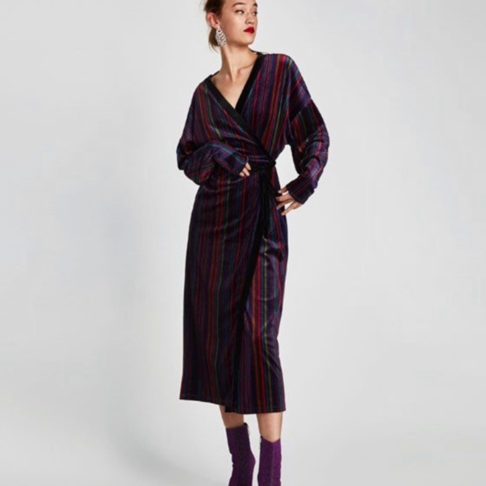 ZARA Velvet Striped Belted Kimono Wrap Dress